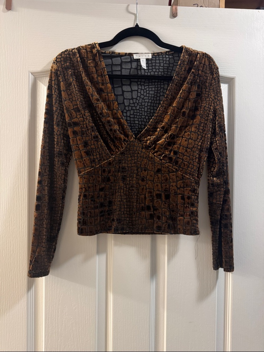 Leith Brown Croc-Print Velvet V-Neck Long Sleeve Top